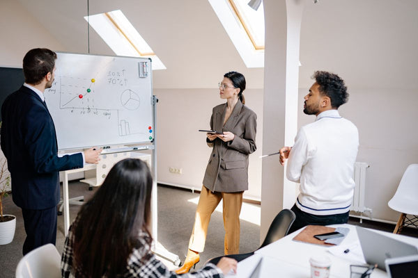 Marketing consultants gathered around a table in a discovery meeting